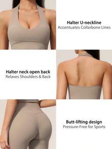 TimeOff Setelan Olahraga Wanita Satu Set Warna Polos, Atasan Tank Top Halter V-Neck Pendek & Celana Pendek Pinggang Tinggi Panjang Sedang - Khaki - View 4