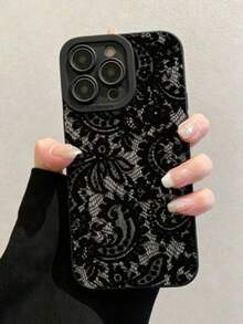 1pc Anti-Fall TPU Lace Soft Shell Precise Hole Position Phone Case Protective Cover, Compatible With Apple 7P 8Plus 16 16PLUS 16PRO 16PROMAX - Black - View 1