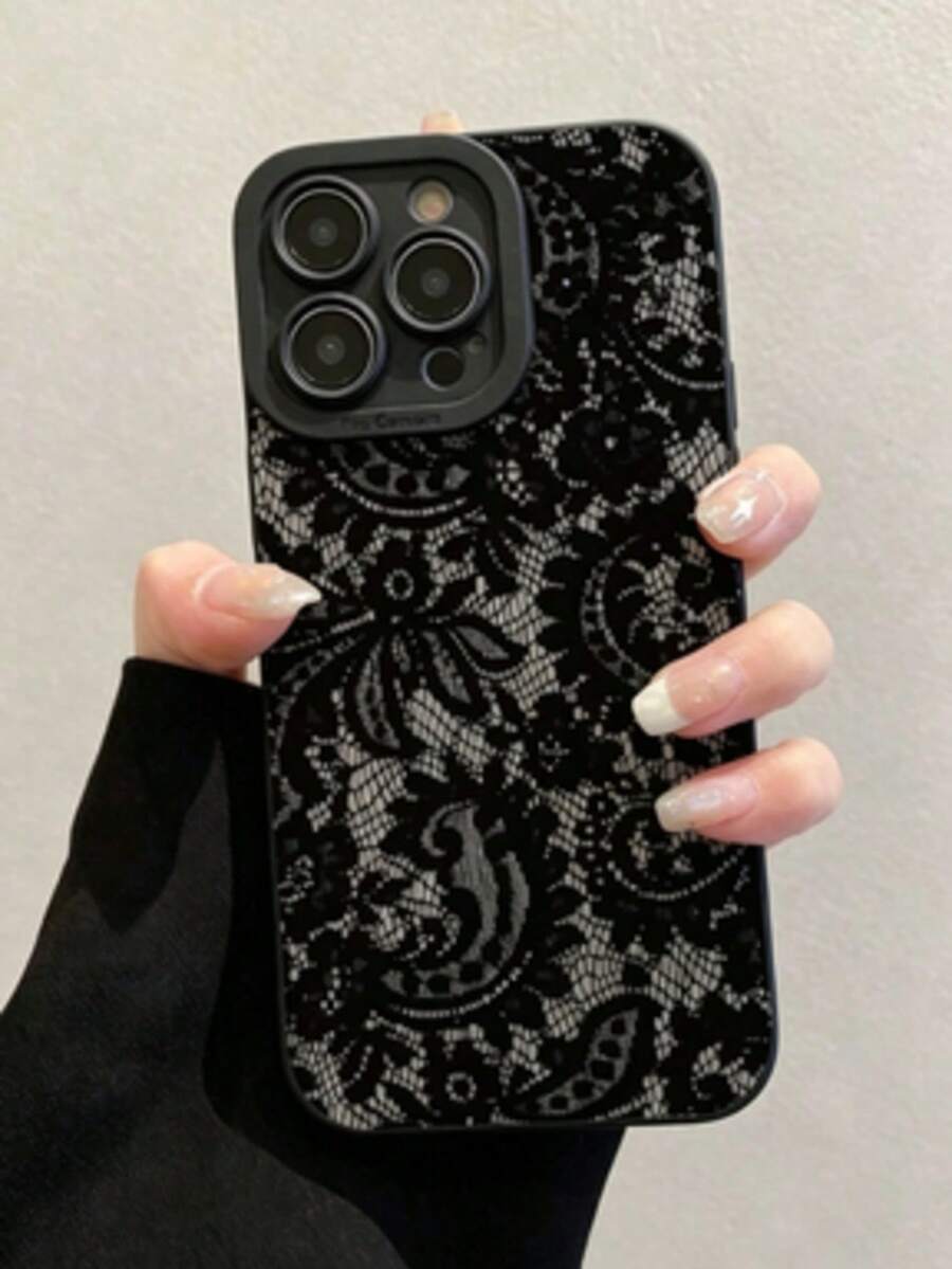 1pc Anti-Fall TPU Lace Soft Shell Precise Hole Position Phone Case Protective Cover, Compatible With Apple 7P 8Plus 16 16PLUS 16PRO 16PROMAX - Black - View 1