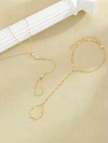 2pcs/Set Gold Cubic Zirconia Chain Finger Bracelet Set, Fashion Ring Bracelet Jewelry, Suitable As Gift, Party, Wedding - Gold 2 - View 4