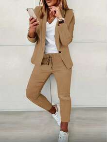 Women's Casual Shawl Collar Button Blazer And Drawstring Long Pants Set, Regular Sleeves, Slightly Elastic, Suitable For Spring And Autumn Wear. - Khaki - View 1