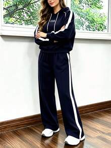女款舒適兩件套 秋冬款，寬鬆圓領上衣搭配寬腿鬆緊腰口袋長褲，適合日常休閒穿著、運動、機場穿搭 - 藏青色 - 查看 5