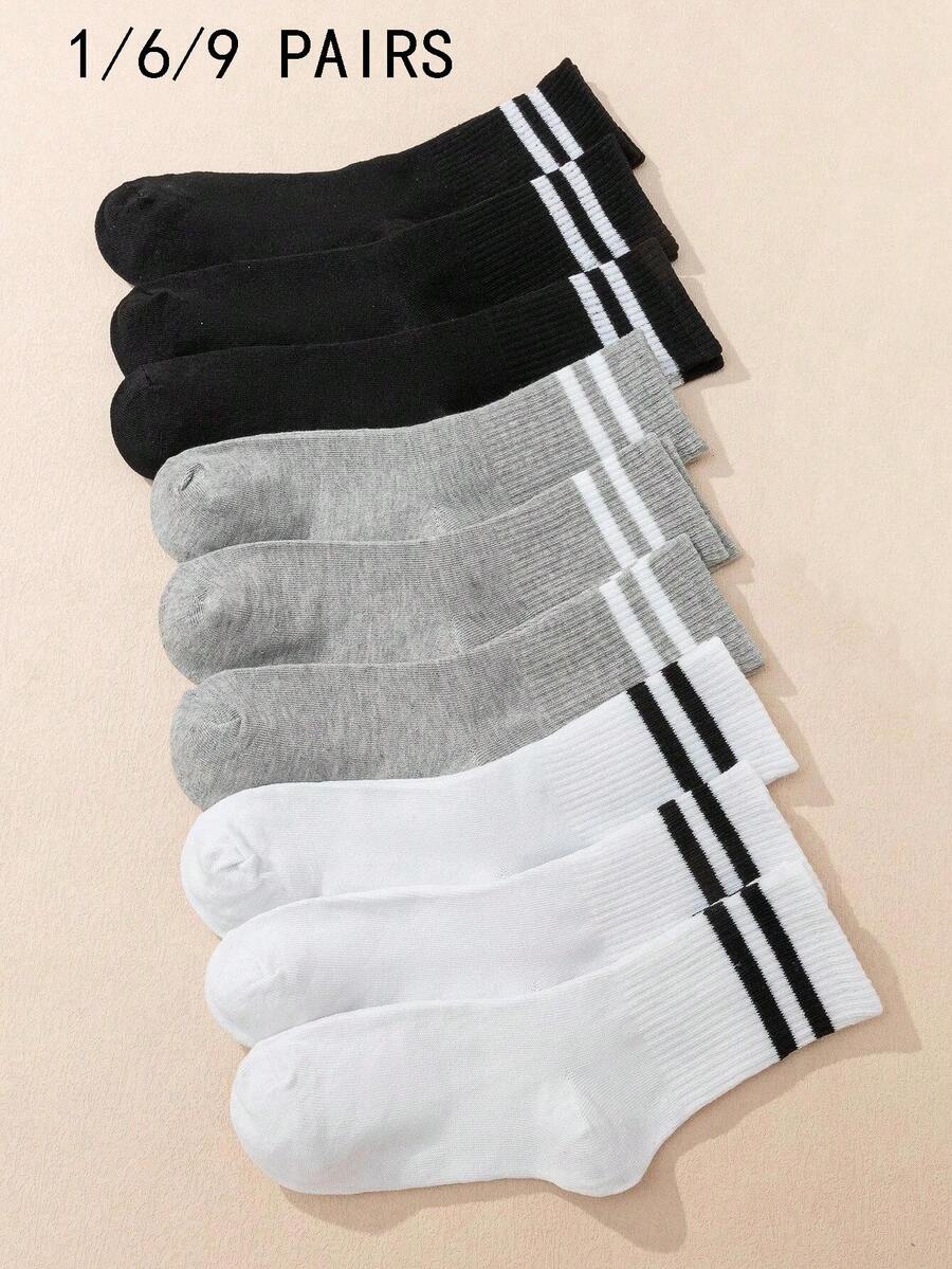 1/6/9 Pairs Men's Mid-Calf Socks, Black, Y2K Cute Sporty Fun Gift, All-Season Unisex Socks - Multicolor - View 1