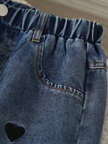 Tween Girls Blue Denim Jeans Fashion Heart Embroidery Rhinestone Craft Casual Loose Wide Leg Pants Suitable For Spring Summer Autumn Winter School Daily Outings - Blue - View 6