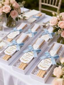 3pcs Blue Wedding Paper Fan Gift Set, Includes White Folding Fan, Blue Bow And Thank You Card, Suitable For Wedding Favors And Party - Multicolor - View 2