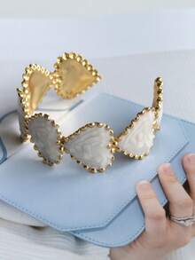 White Collection Stainless Steel Enamel Adjustable Open Cuff Bracelet, Starfish Shell Heart Design, Minimalist Fashion Summer Beach Romantic Nautical Personalized Stackable Vintage Clothing Accessory - White - View 5