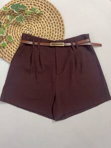 Shorts Marrant With Belt And Pocket, High Waist - 巧克力棕 - 查看 1