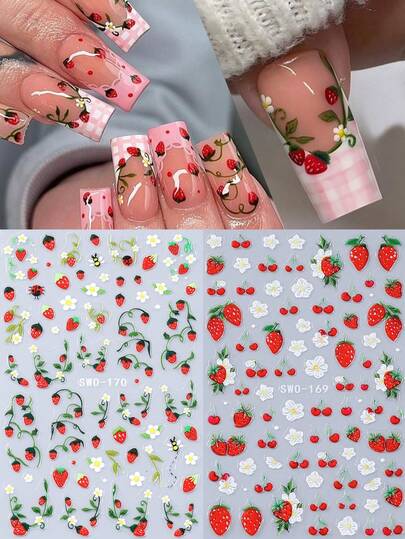 2pcs Sweet Strawberry & Daisy Pattern 3D Summer Fruit & Flower Plant Stickers, Multi-Style Strawberry, Ladybug, Leaves, Vines Nail Art Decals, Self-Adhesive DIY Nail Supplies
