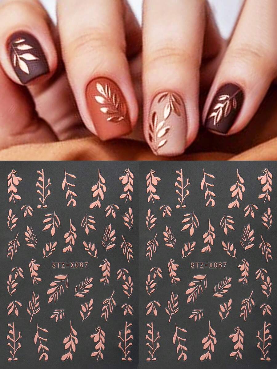 2pcs Rose Gold Leaf Nail Art Stickers, Y2K Metal Leaf Design Decals, 3D Autumn/Winter DIY Nail Tip Decoration Slider Accessories Tools - Multicolor - View 1