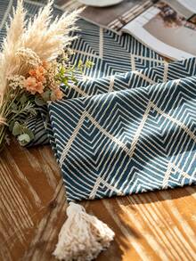 Table Runner, Modern Geometric Pattern Jacquard Craft Long Cloth Dustproof Cover Decorative Bed Flag For Living Room Furniture - Blue - View 9