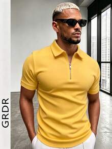 GRDR 男士夏季半拉鍊 Polo 短袖 T 恤，純色經典款，適合戶外休閒穿著 - 黃色 - 查看 3