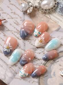 10pcs Press On Nails Almond French Style White Flower Blue Nails Press On Nail Supplies Fake Nails Short Office DailyWear False Nails Artificial Nails Kit Includes 1sheet Adhesive Tabs &1 Pc Mini File Handmade Press On Nails - Multicolor - View 3