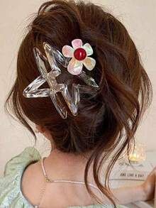 1pc New Iridescent Floral & Star Hair Claw Clip For Women, Premium Hair Claw With Full Back-Of-Head Hold, Floral Print Hair Accessory, Casual Hair Claw, All-Season Wear - Multicolor - View 3