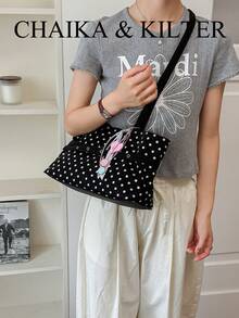 CHAIKA & KILTER 1pc Solid Color PU Fabric Tote Bag, Women's Retro Fashion Shoulder Tote Bag, All-Over Ripple Dot Pattern, Double Handle Design, Zipper Closure, Strap Decoration, Suitable For Daily And Street Use (Sold With Pendant) - Black - View 11