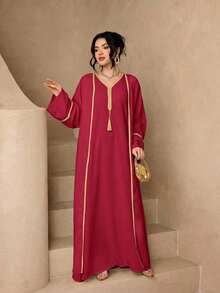 Fashionable Versatile Solid Color 3-Piece Set Women's Minimalist Sleeveless Long Robe + Abaya Cardigan Long Robe + Scarf Set, Soft Skin-Friendly Sun Protection Muslim Clothing Shawl - Red - View 3