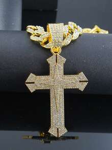 1pc Men's New Hip-Hop Sword Cross Pendant Necklace, European And American Style Creative Versatile Alloy Full Rhinestone Large Buckle Cross Necklace, Suitable For Men And Women Daily Wear - Cross Pendant - View 7