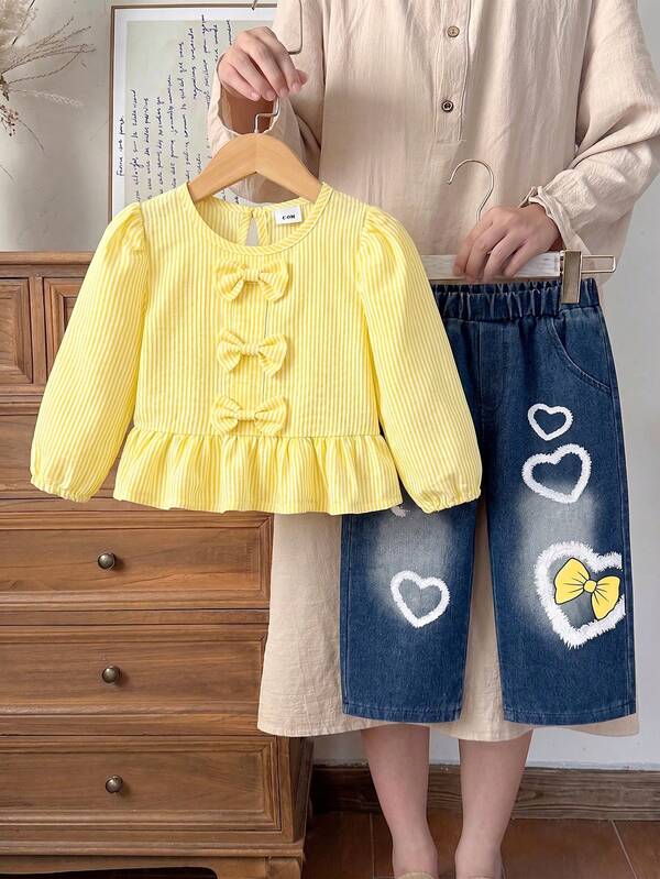 Baby Girl Elegant 2-Piece Set: Yellow & White Striped Bow Lantern Sleeve Ruffle Trim Casual Shirt + Heart & Bow Print Denim Pants Outfit