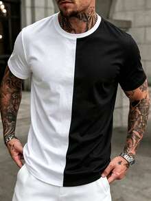 Men's Summer Minimalist Crew Neck Black & White Color Block Short Sleeve T-Shirt | Comfortable & Fashionable - Black and White - View 1
