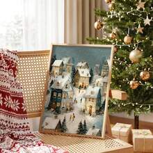 Unframed 1/2Pcs Winter Christmas Village Canvas Prints, Snow Town Cozy House Oil Painting Wall Decor For Living Room Mantel Entryway Farmhouse Cabin - A - View 16