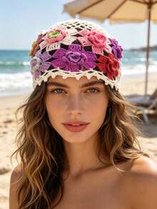 1 pieza Sombrero de sol de punto floral hueco en beige, casual para playa y vacaciones - Multicolor - Ver 10