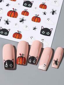 2pcs Cute Halloween Nail Art Stickers, Cartoon Black Cat Pumpkin Ghost Spider Gothic Style Nail Decals, Autumn Nail Decoration DIY Halloween Party Nail Supplies - Multicolor - View 6