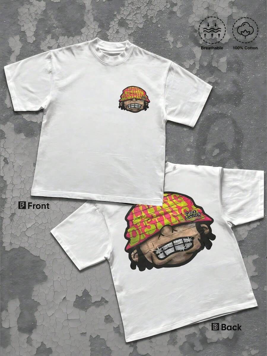Smiling Graffiti Face Double Sided T Shirt Retro Streetwear Vintage Graphic Tee Urban Art Digital Printed T Shirt Men's Gifts Summer Comfortable - White - View 1