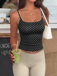 Muse Moon Women's Sexy Fitted Casual Solid Color Knit Tank Top, Suitable For Sports, Daily Wear, Work Commute - Black Background With White Polka Dots - View 5