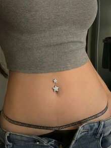 1pc Silver Double Star Belly Button Ring, Curved Bar Navel Ring, Summer Beach Crop Top Hot Girl Style Versatile Shiny Accessory - Silver - View 1