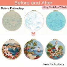 1PC 20*20cm/7.9*7.9in,Houses On Islands Embroidery Kit, DIY Handmade Embroidery Set For Adult Beginners, Home Gift, Women's Sewing Gift, Including User Manual, Printed Pattern Fabric, Embroidery Frame, Needle And Thread. - Seaside Town - View 4