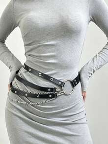 Gothic Style PU Leather Corset Belt, Cool Multi-Layer Waist Chain With Metal O-Ring And Rivet Decoration, Y2K Layered Waist Belt, Women's Party Outfit Accessory - Multicolor - View 1