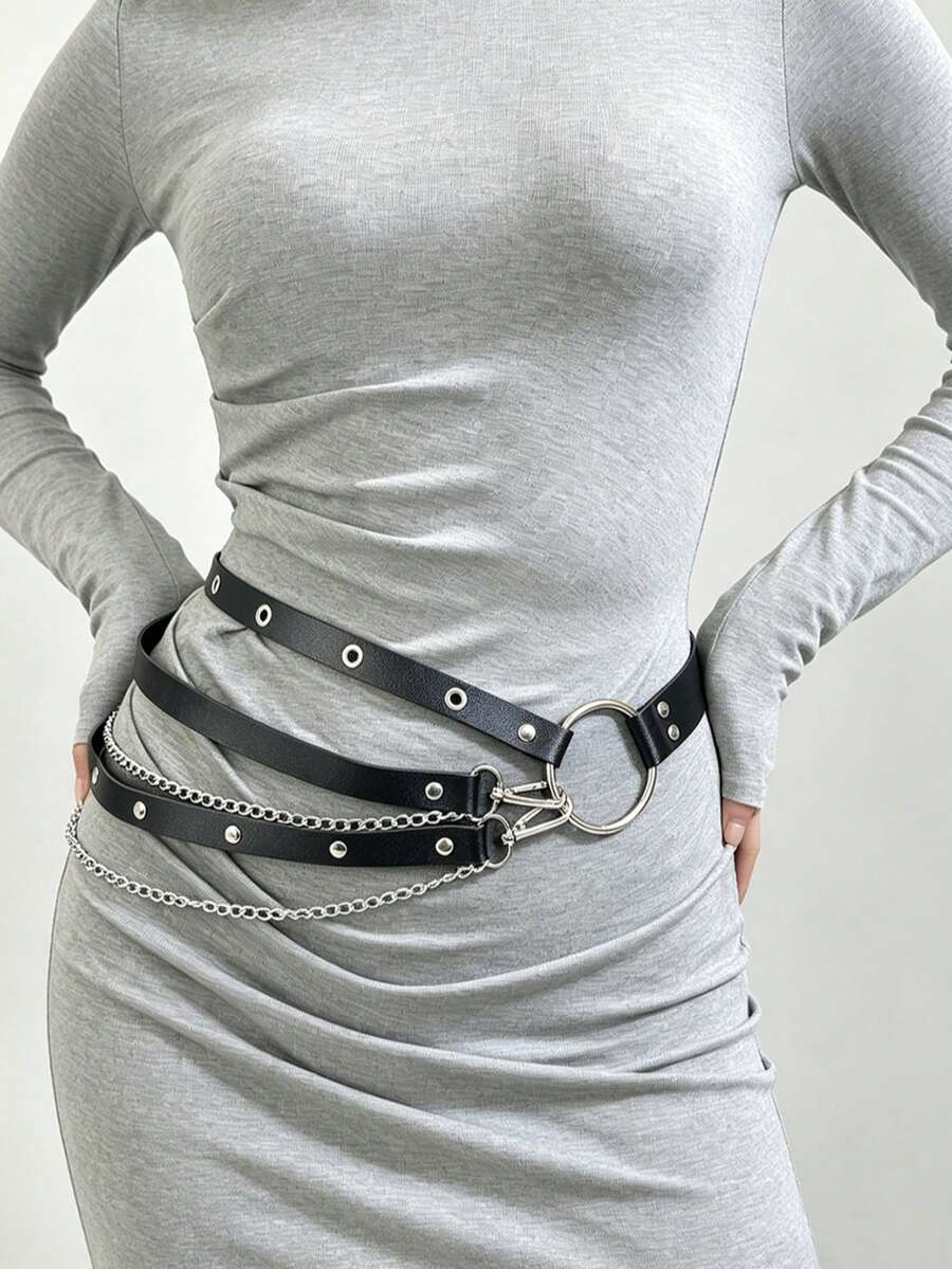 Gothic Style PU Leather Corset Belt, Cool Multi-Layer Waist Chain With Metal O-Ring And Rivet Decoration, Y2K Layered Waist Belt, Women's Party Outfit Accessory - Multicolor - View 1