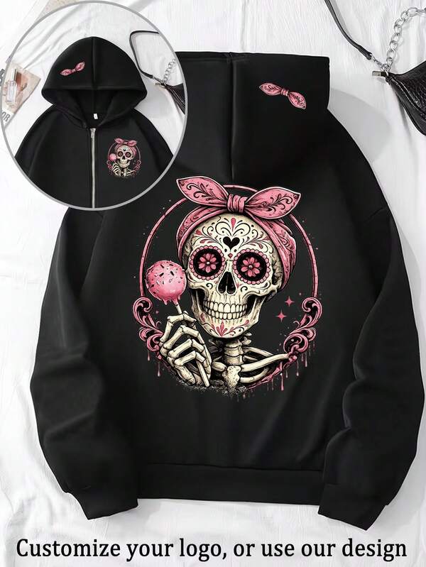 Autumn/Winter Personalized Women's Custom Hoodie - Halloween Customization - Front, Back, Double-Sided Customization, Women's Sports Top Black