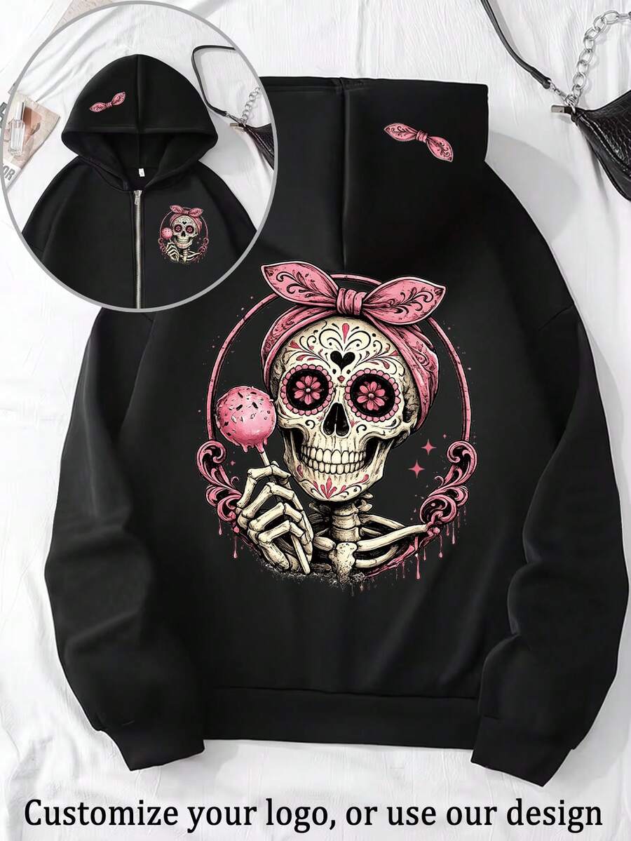 Autumn/Winter Personalized Women's Custom Sweatshirt - Halloween Customization - Front, Back, Double-Sided Customization, Women's Sports Top Black - Black - View 1