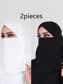 2pcs Women's Solid Color Chiffon Soft Middle Eastern Face Veil Arabic Conservative Elastic Band Solid Color Face Mask Suitable For Daily Use - Black 1 White 1 - View 3