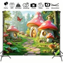 Magic Forest Fairy Tale Mushroom House Photography Backdrop, Multi-Functional Polyester Party Banner Suitable For All Seasons, Perfect For Garden And Room Decoration, No Electricity Required - Multicolor - View 2