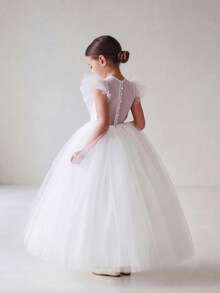 Tween Girl White Round Neck Cap Sleeve Tulle Princess Dress, Suitable For Children's Birthday Party, Flower Girl, Wedding, Prom, Important Occasions, Holiday Celebration - White - View 9