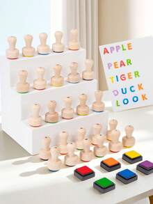 1 Set Wooden Letter Stamps Full Set 26 English Letters Hand Stamping 6-Color Ink Pad English Enlightenment Spelling Toy Children Early Education Painting Doodle Educational Set - 彩色 - 查看 7