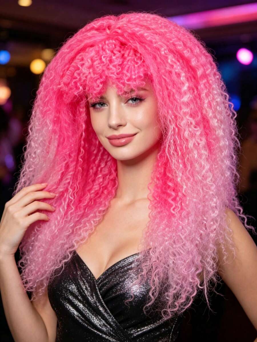 Multi Shades Long Kinky Curly Wig Solid Ombre Neon Tones Synthetic Fiber For Rave Club Carnival Punk Disco Festival Cosplay - View 1