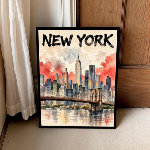 1 st vintage New York reseposter på canvas, retro Manhattan skyline-tryck, akvarellbild av stadsbyggnader, gotisk modern väggkonst för lägenhet, kontor och hem, estetisk konstgåva, ofinramad/inramad/träupphängning