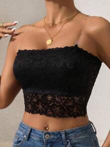 1pc Women's Solid Color Lace Wireless Bra, Removable Padding With Transparent Shoulder Straps, Sexy Backless Camisole Top, Outerwear Inner Layer Anti-Exposure Lingerie Spaghetti Strap - Black - View 7