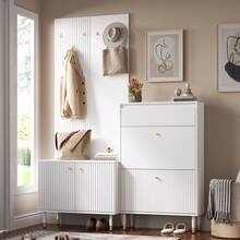 Entryway Storage Rack Set, Slim Folding Shoe Cabinet With Metal Hooks, Multifunctional Hallway - 白色 - 查看 3