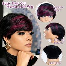 Perruque pour femmes 4 pouces/10,16 cm en cheveux humains brésiliens lisses - Noir naturel/Bourgogne 1B/99J coupe pixie courte avec frange, densité 180% coiffure lisse en couches convenant aux tons de peau, perruques fabriquées à la machine parfaites pour le port quotidien & les vacances & les fêtes - S1B/99J - Voir 5