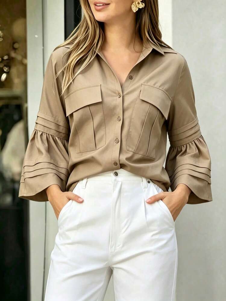 Kemeja Liburan Kasual Nyaman Wanita Desain Kancing Tunggal Warna Polos Terbaru - khaki muda - View 3