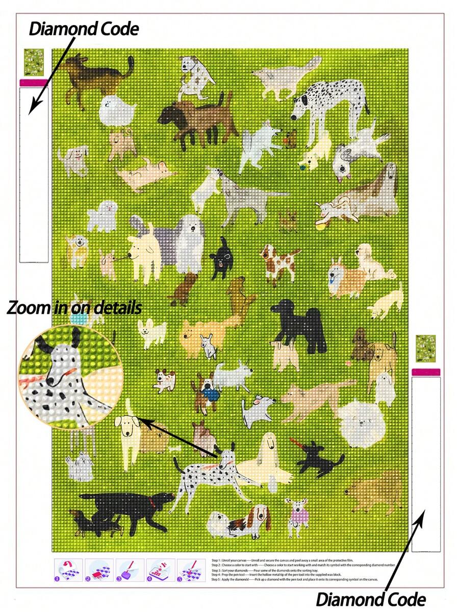 5D DIY Diamond Painting Kit, Cute Cartoon Dog Breeds On Green Grass Animal Wall Decor, Relaxing Handmade DIY Wall Art For Adults, Enjoy The Fun Of Crafting - No Frame - View 1