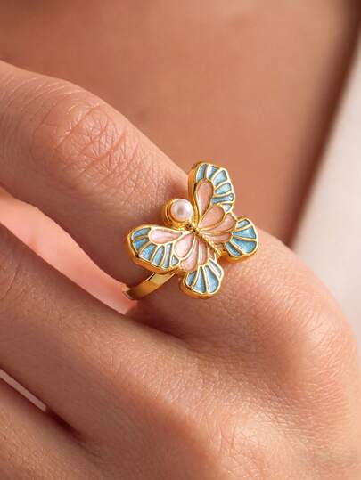 1pc Colorful Enamel Butterfly Open Ring With Faux Pearl, Stainless Steel Women's Ring, Gold Ring, Women's Jewelry, Vacation Gold Jewelry