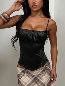 Women's Summer Black Ruched Waist Camisole Top, Suitable For Vacation, Gathering, Party - Black - View 3