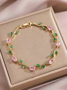 3pcs/Set 18K Gold Plated Luxury Dreamy Colorful Zirconia Tulip Flower Vine Pendant Bracelet And Water Drop Earrings, Women's, Summer Beach Mom Gift, Wedding Decoration Jewelry, Daily Party Birthday Valentine's Day Gift - Gold - View 5