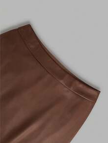 ANCHOSE Women's Autumn Brown PU 2 Pieces Set, Ruched Bandeau Top + A-Line Mid-Length Skirt, Without White Inner Layer, Elegant Commute Daily Outfit Fall - Orange Brown - View 6