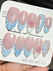 10 piezas de uñas postizas de estilo francés con textura de concha azul, forma de almendra, arte de uñas 3D tallado, degradado con adornos de perlas, estilo Y2K para chicas, base rosa nude, simples y versátiles, de alta gama, adecuadas para uso diario de chicas, puntas de uñas postizas - Celeste - Ver 13