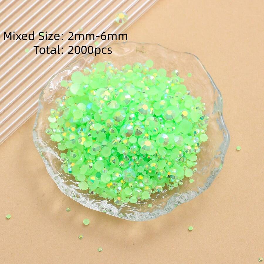 2MM-6MM 混合尺寸 2000顆/包 圓形平底樹脂水鑽果凍糖 AB色亮面亮片 DIY 寶石珠,背膠珠飾裝飾,適用於衣服、包包、鞋子、馬克杯、瓶子、保溫杯、手機、DIY 配件 - 淺綠45 - 查看 1